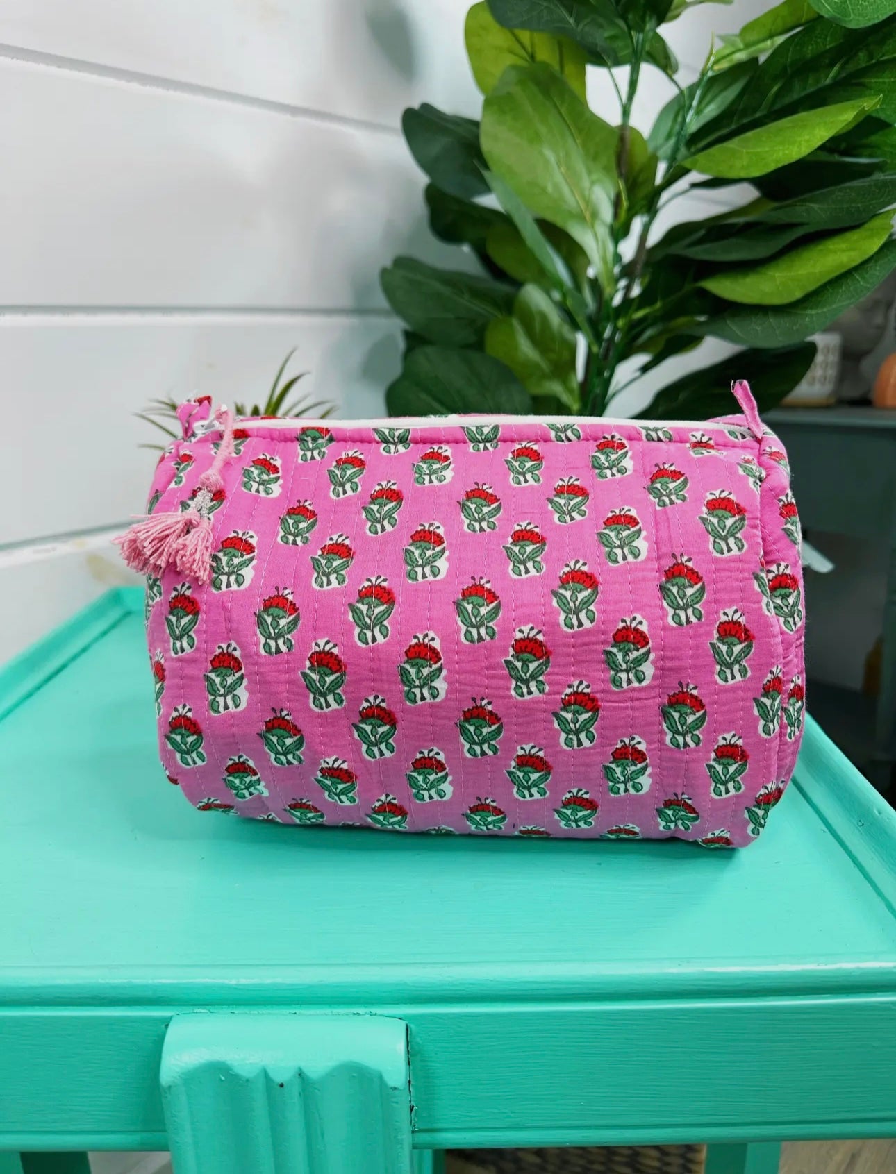 Pink Floral Quilted Makeup Bag